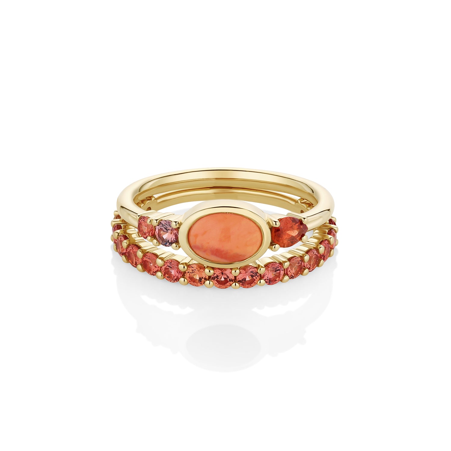 0.49ct Mexican Fire Opal and Sapphire Linear Ring with Sapphire Laurel Band [front flat lay]