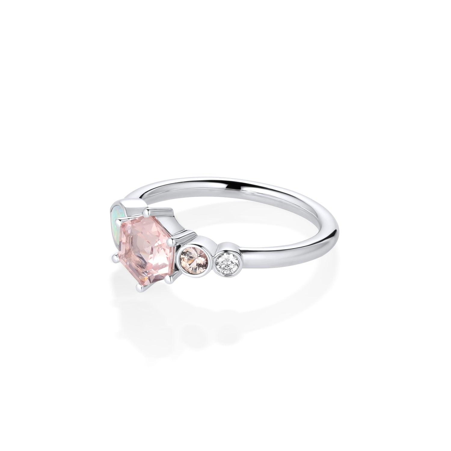 0.74ct Morganite Hexagon and Opal Linear Ring - Marrow Fine