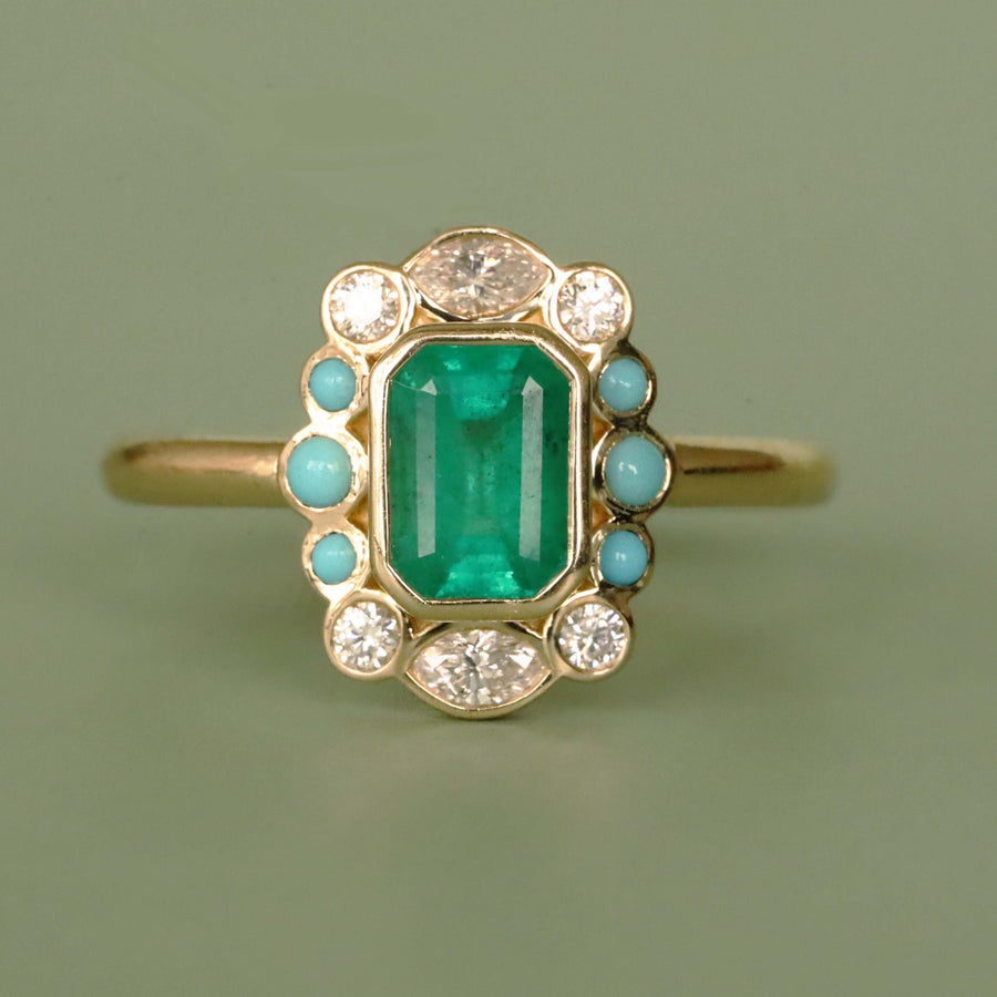 1.04ct Emerald, Turquoise and Diamond Petals Ring [Yellow Gold]
