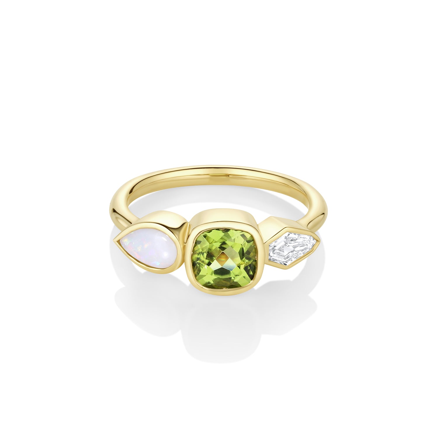 1.16ct Peridot, Diamond and Opal Linear Ring [front flat lay]