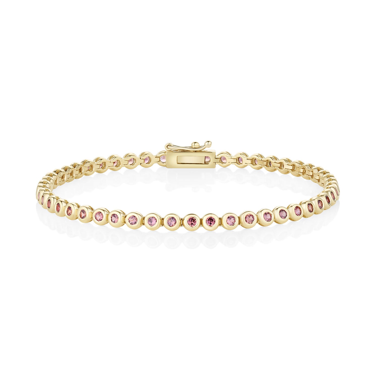 1.86tcw Dark Reddish-Orange Sapphire Tennis Bracelet [front view flat lay]