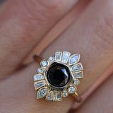 Close up of 2.26ct Black Diamond Stella Ring on hand