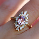 Close up of 2.34ct Pink Spinel Ballerina Ring on hand