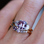 Close up of 2.62ct Sapphire and Diamond Ring with Tracer Band on hand