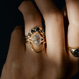 Black Diamond Crescendo Stacking Band on hand close up, styled with other Marrow Fine rings