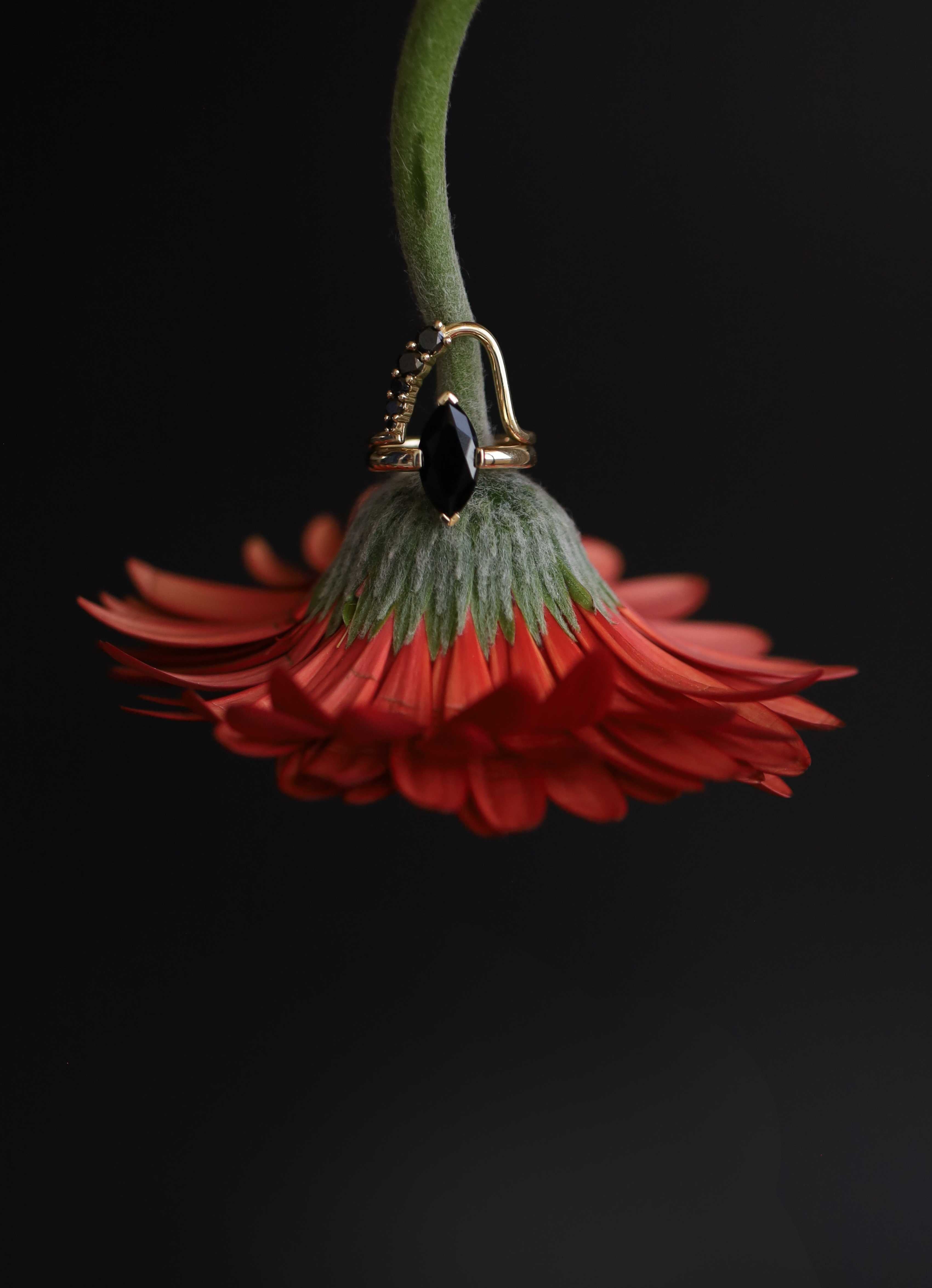 Flat lay of Marrow Fine Black Onyx Noelle on flower stem, stacked with Black Diamond Lucy Wave Band