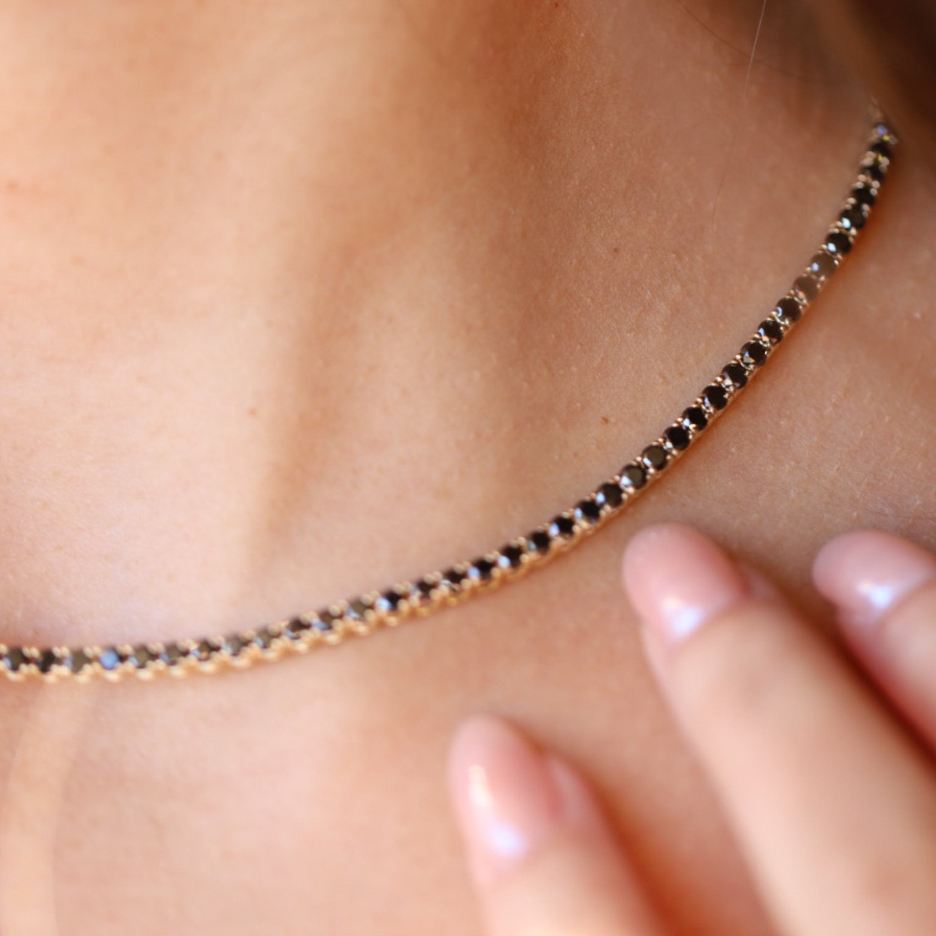 Black Diamond Tennis Necklace [on neck]