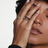 Close up of woman resting hand on her face, featuring multiple Marrow Fine rings styled