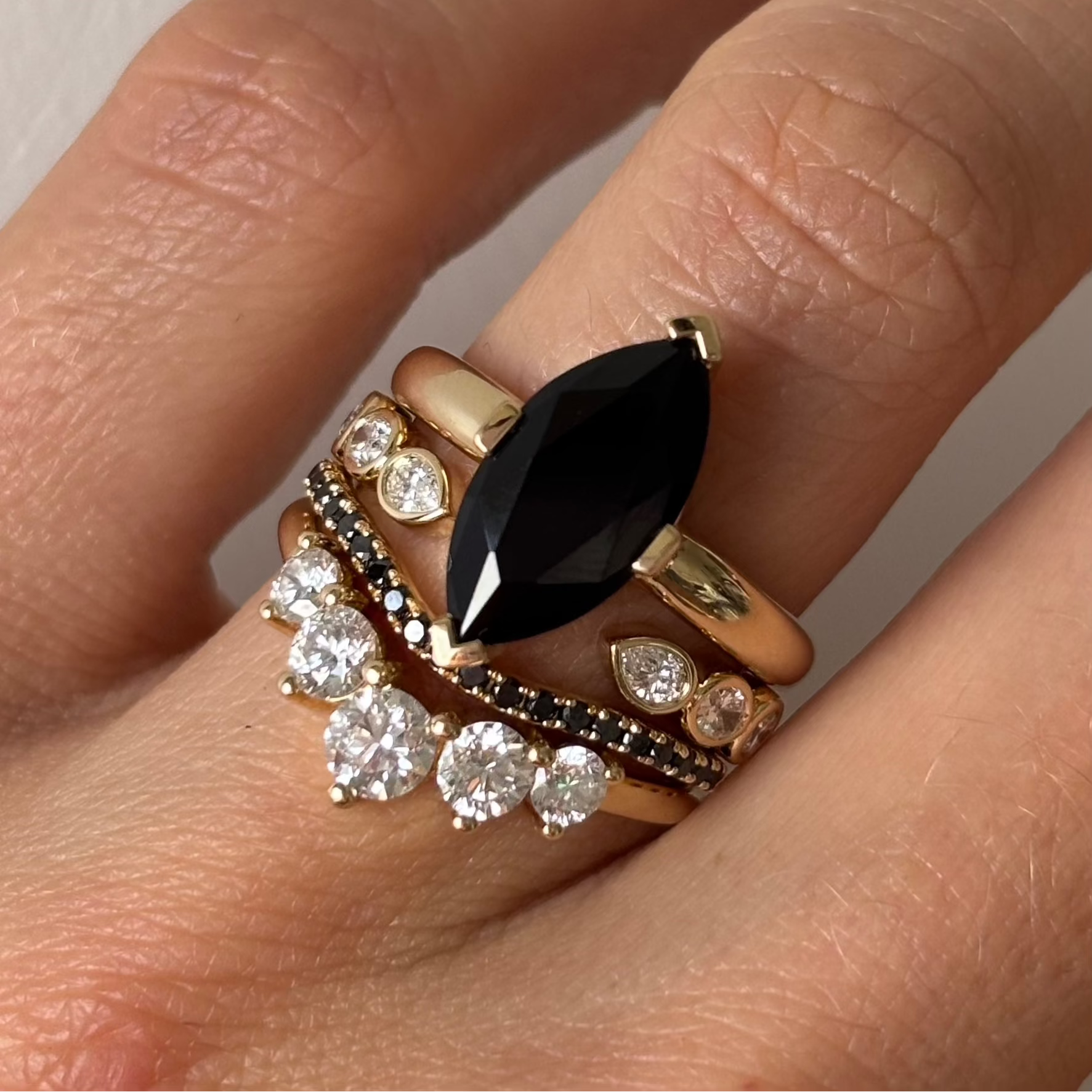 UGC photo of White Diamond Mixed Shape Cosmic Light Band stacked with other Marrow fine rings