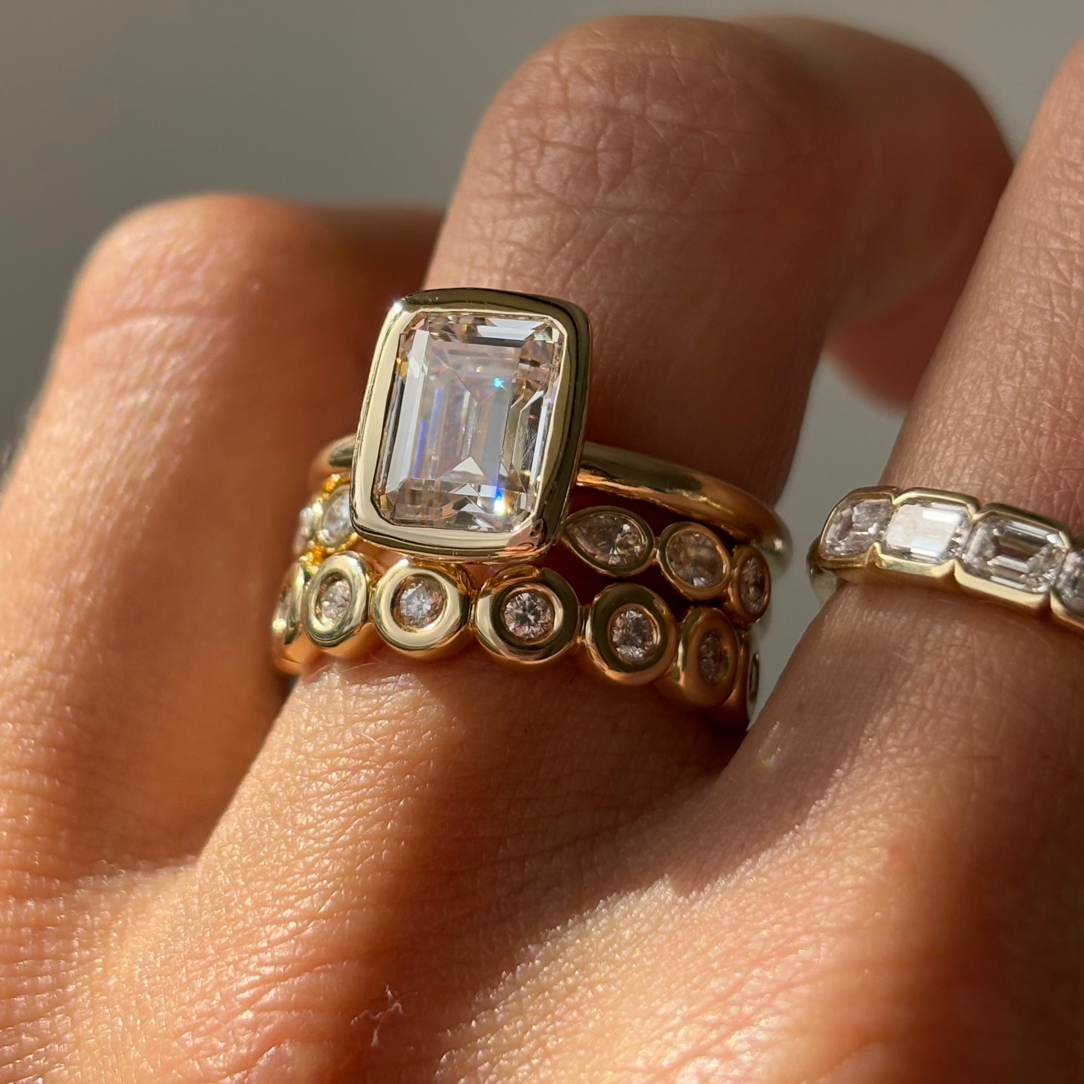 UGC photo of White Diamond Mixed Shape Cosmic Light Band stacked with other Marrow fine rings