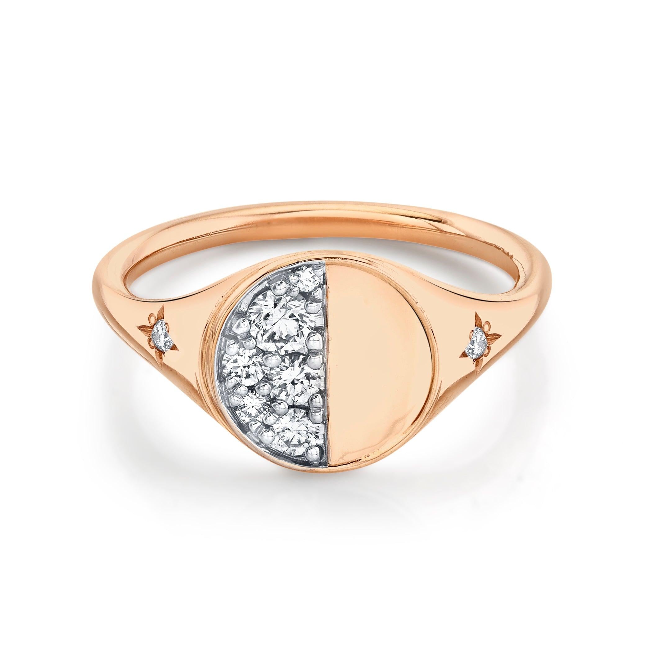 Marrow Fine Jewelry Quarter Moon Phase White Diamond Signet Ring With Stars [Rose Gold]