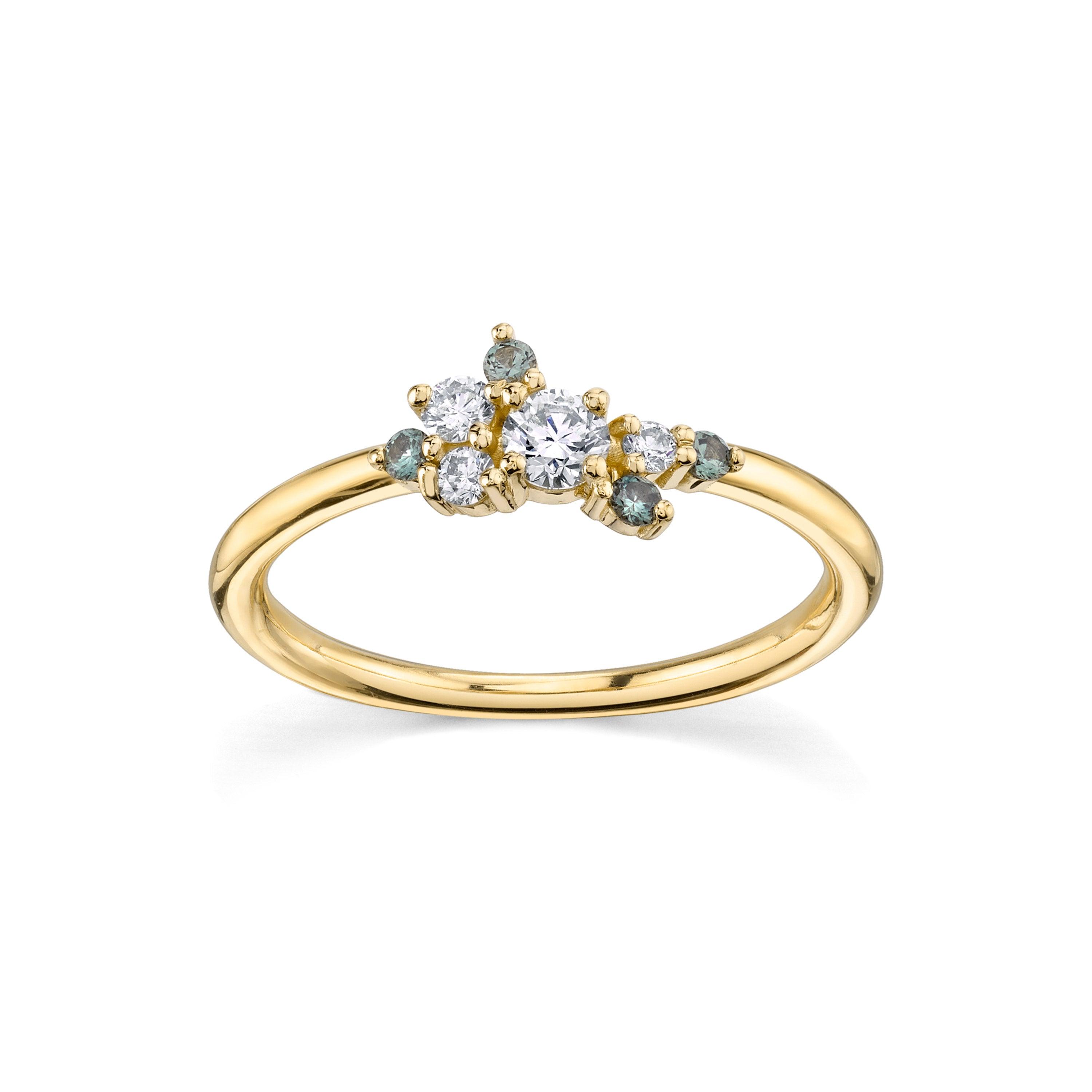 Marrow Fine Jewelry White Diamond & Green Sapphire Mini Cluster Vintage Inspired Stacking Ring [Yellow Gold]