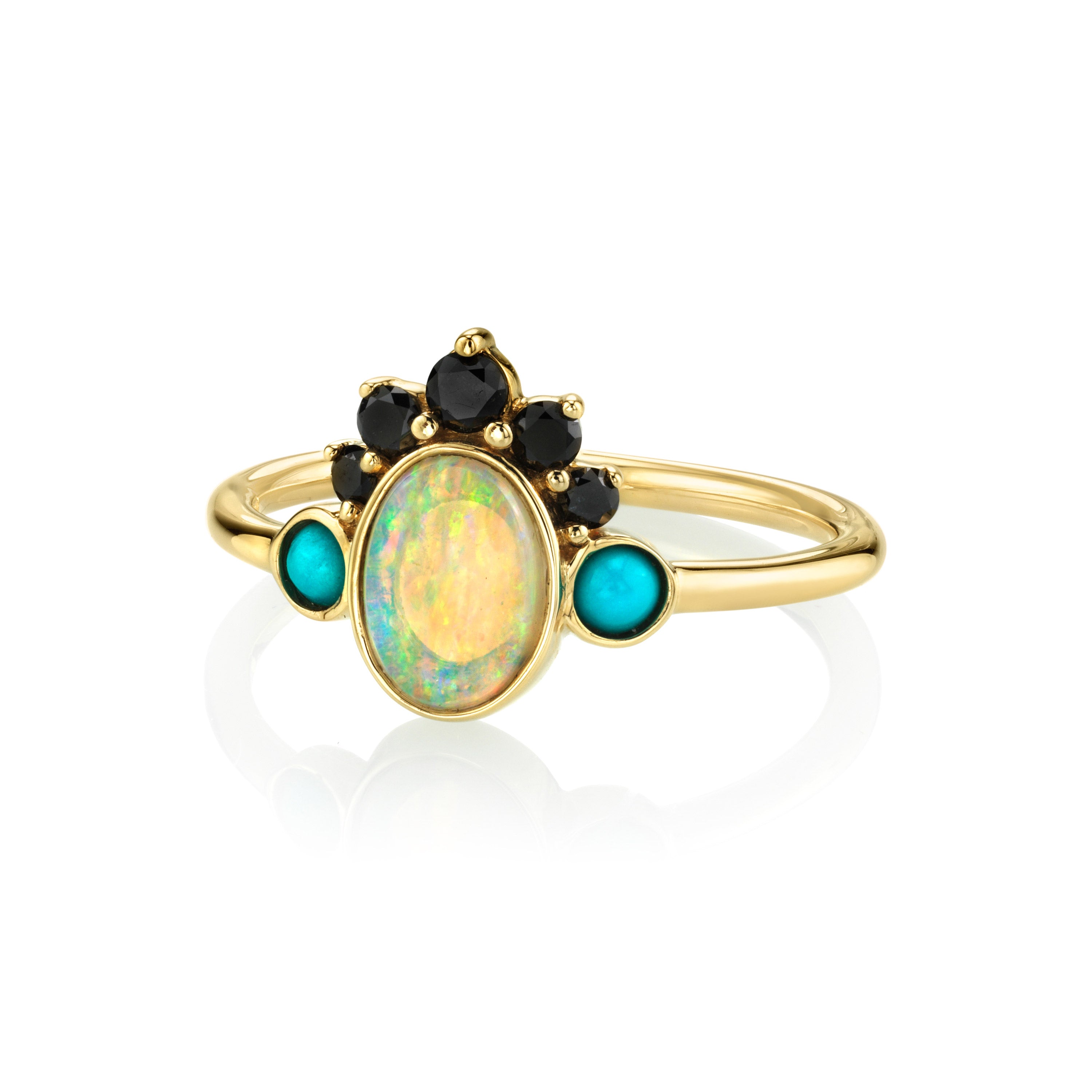 Marrow Fine Jewelry Opal Ring With Black Diamond Headdress And Turquoise Side Stones [Yellow Gold]