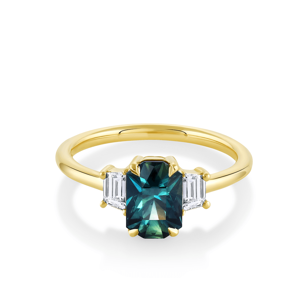 Marrow Fine Jewelry Teal Sapphire Diamond Three Stone Ring [Yellow Gold]