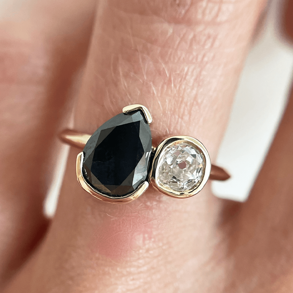 2.18ct Black Diamond Pear and Old Mine Cut Toi et Moi Ring - Marrow Fine