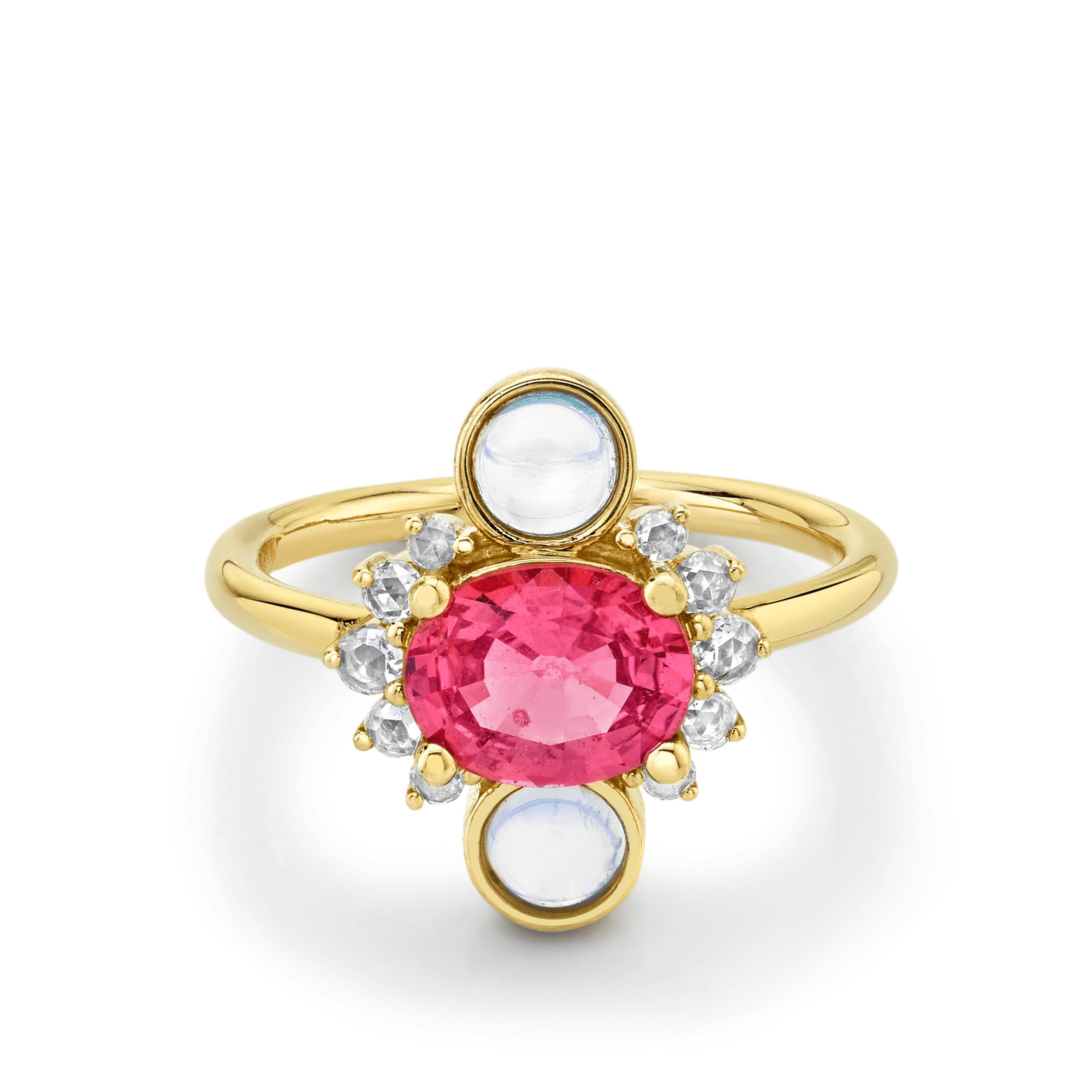 Marrow Fine Jewelry Pink Sapphire Moonstone Cabochons Rose Cut Diamonds Ring [Yellow Gold]