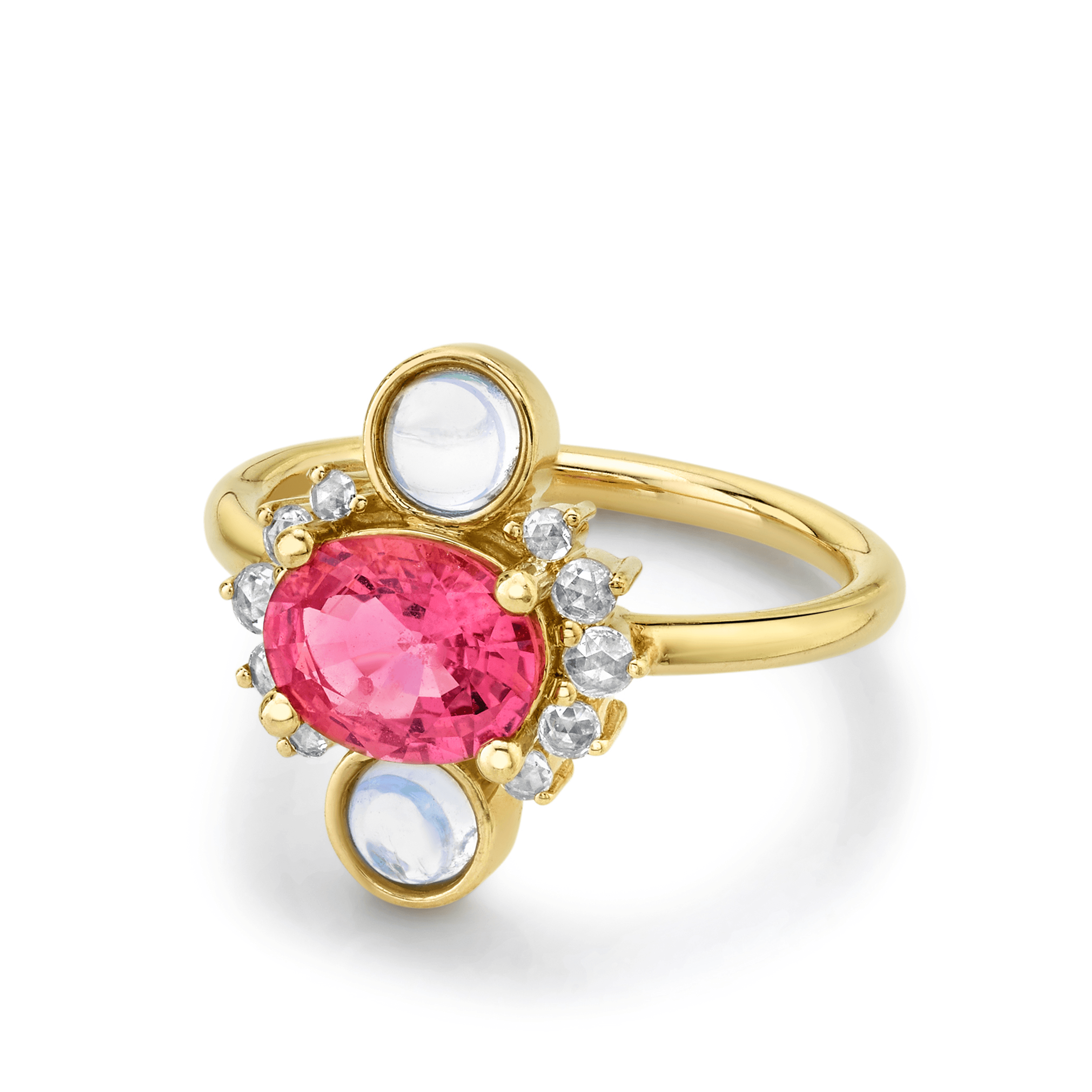 Marrow Fine Jewelry Pink Sapphire Moonstone Cabochons Rose Cut Diamonds Ring [Yellow Gold]