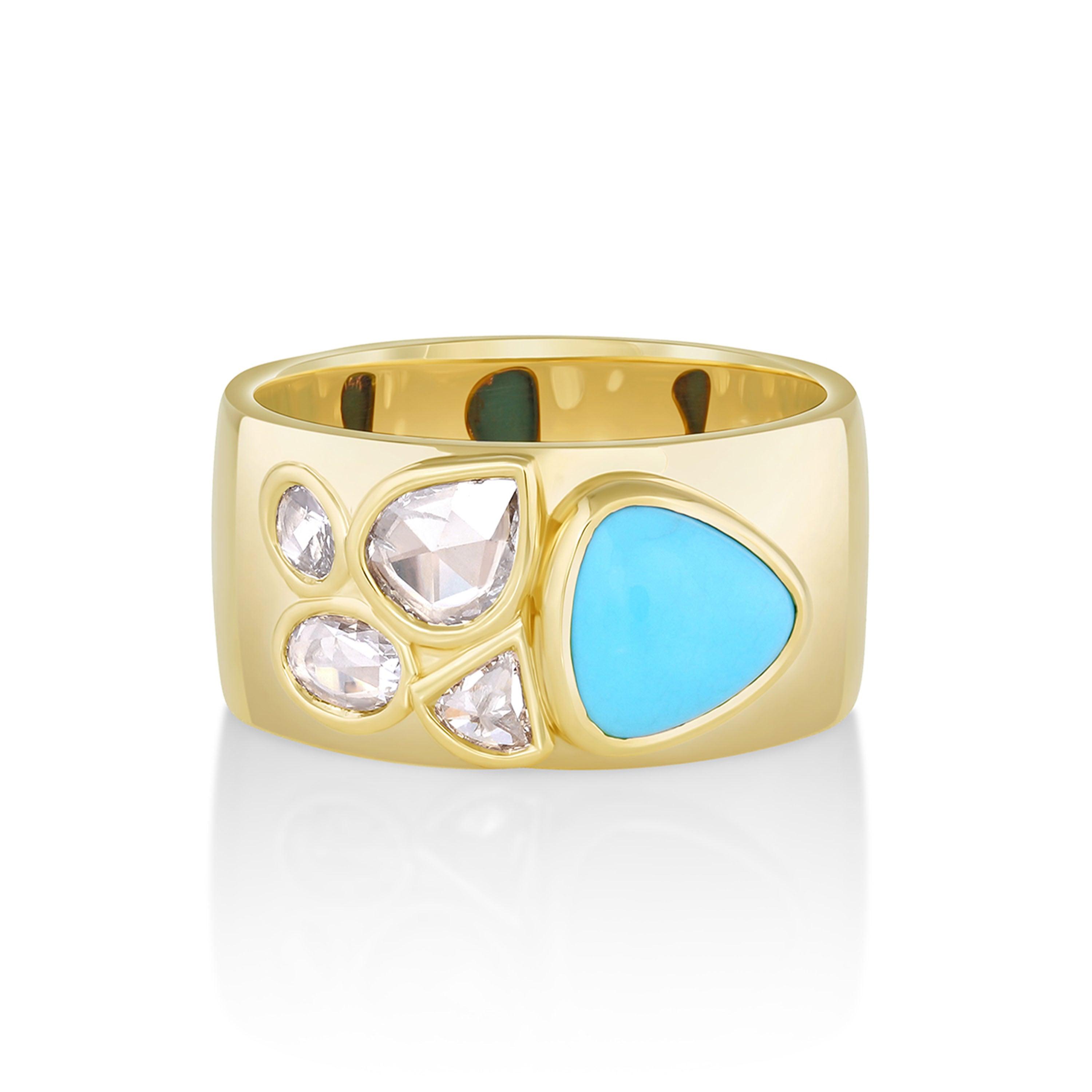 Marrow Fine Jewelry Tessera Bezel Set Turquoise And Rose Cut White Diamonds Cigar Band [Yellow Gold]