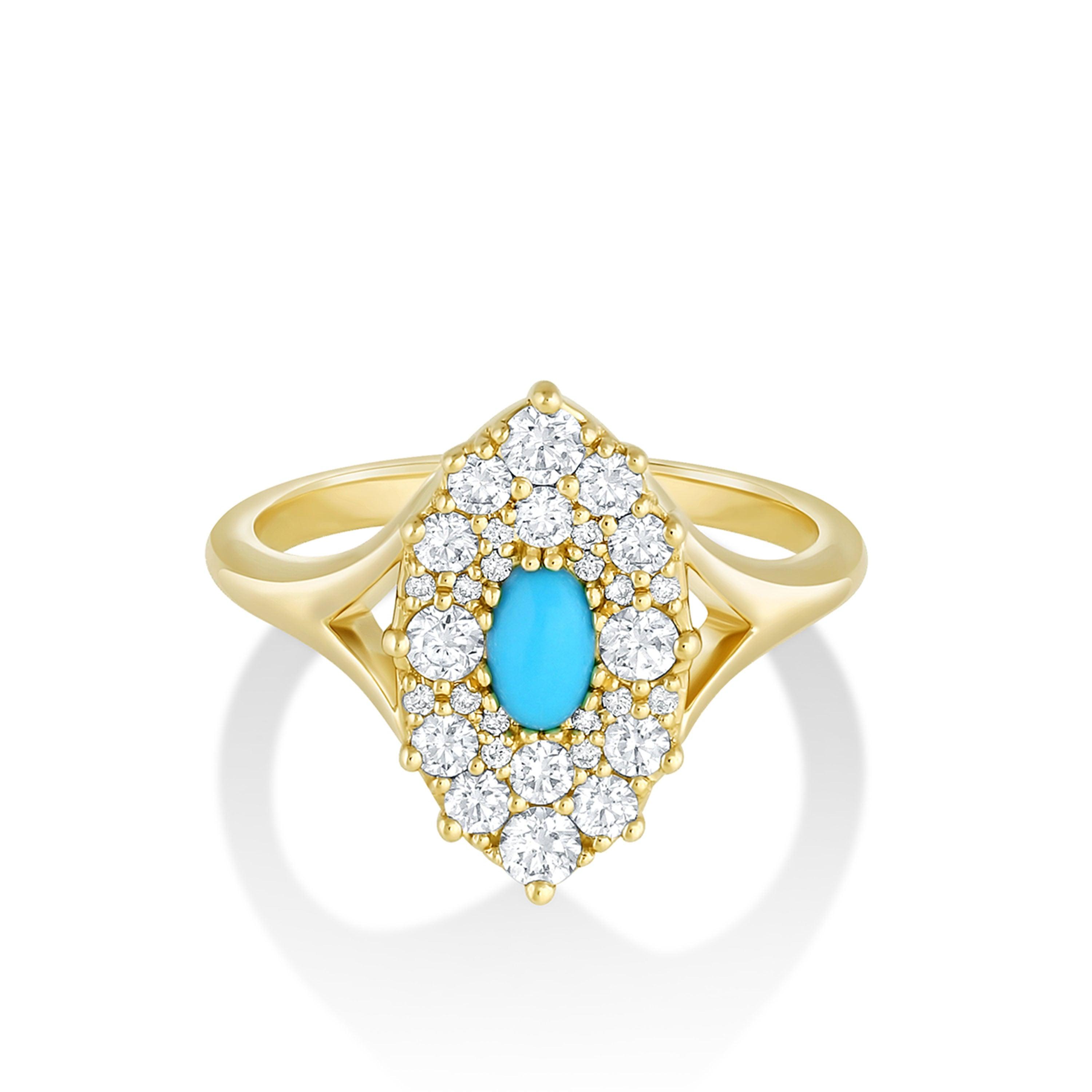 Marrow Fine Jewelry Turquoise Oval And White Diamond Navette Ring [Yellow Gold]