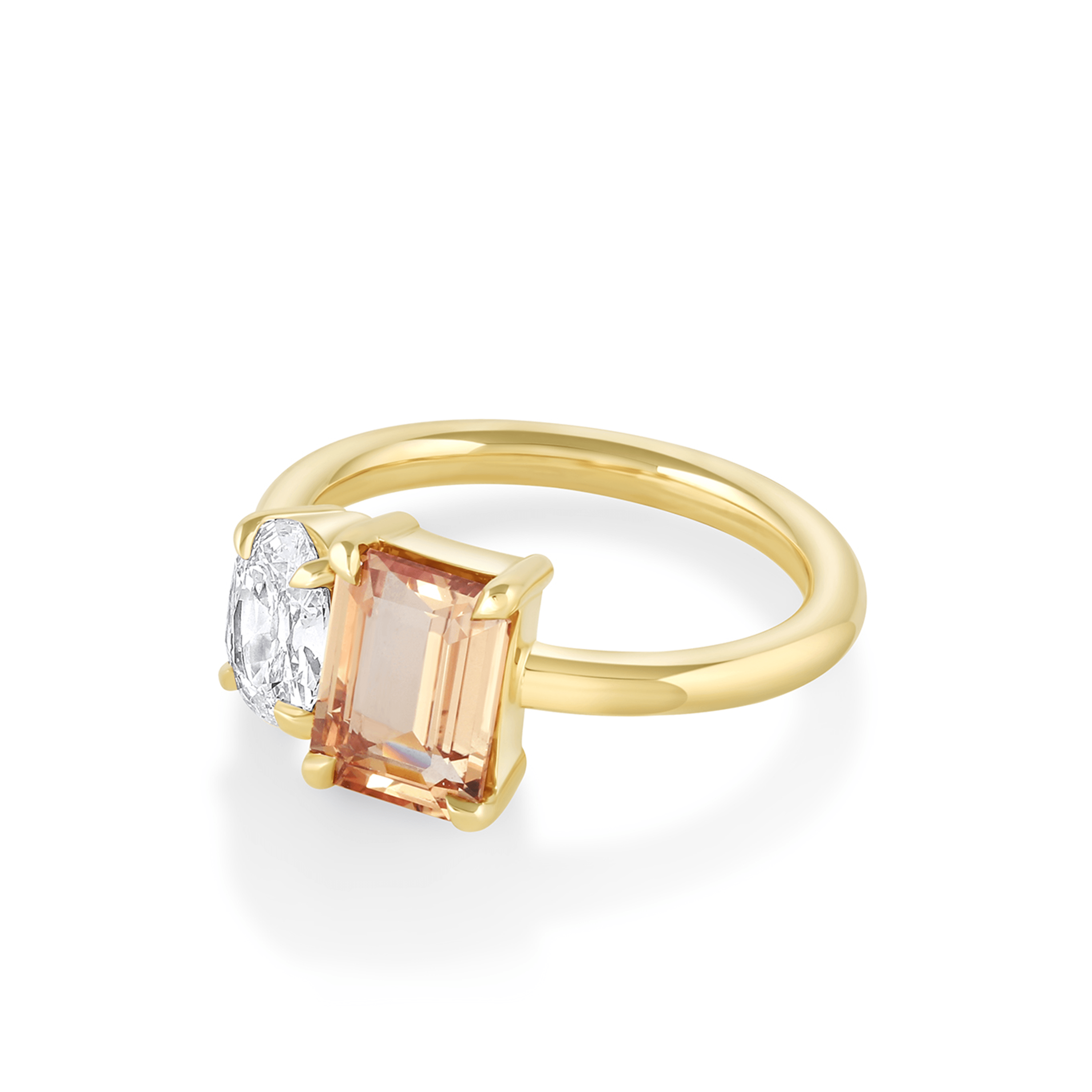  Features a 2.01ct natural peach sapphire emerald cut & .68ct F/SI1 hybrid oval [ YELLOW GOLD]