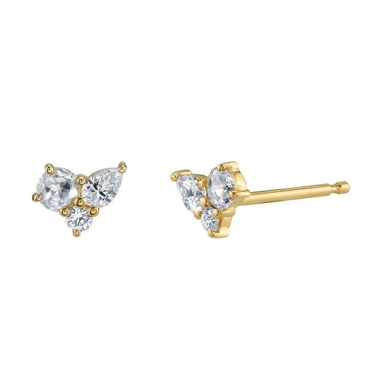 Marrow Fine Jewelry White Diamond Three Stone Bead Prong Stud Earrings [Yellow Gold]